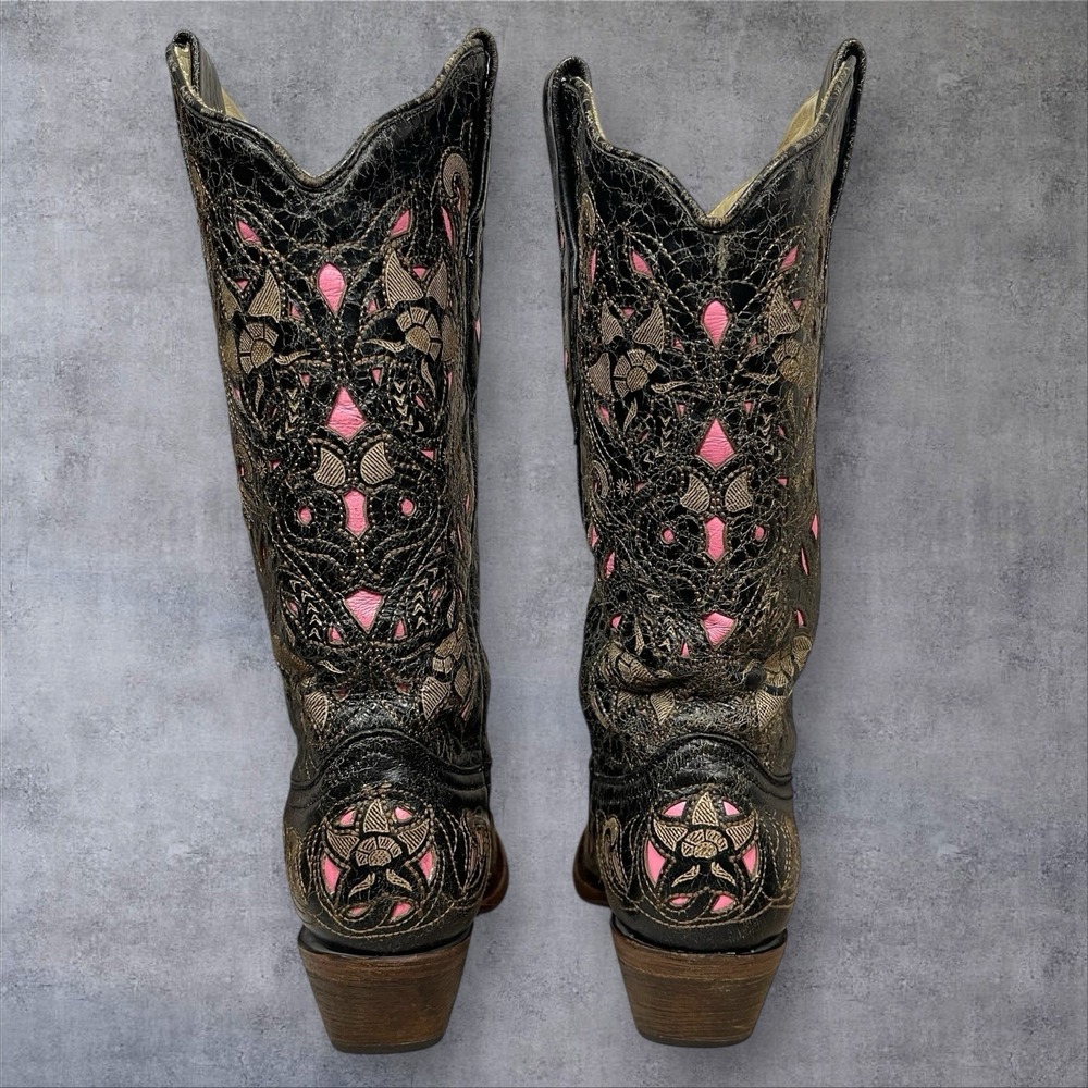 Corral Vintage Western Boots Womens 7.5 Pink Inlay Snip Toe Boho Festival Cowboy - Picture 5 of 11